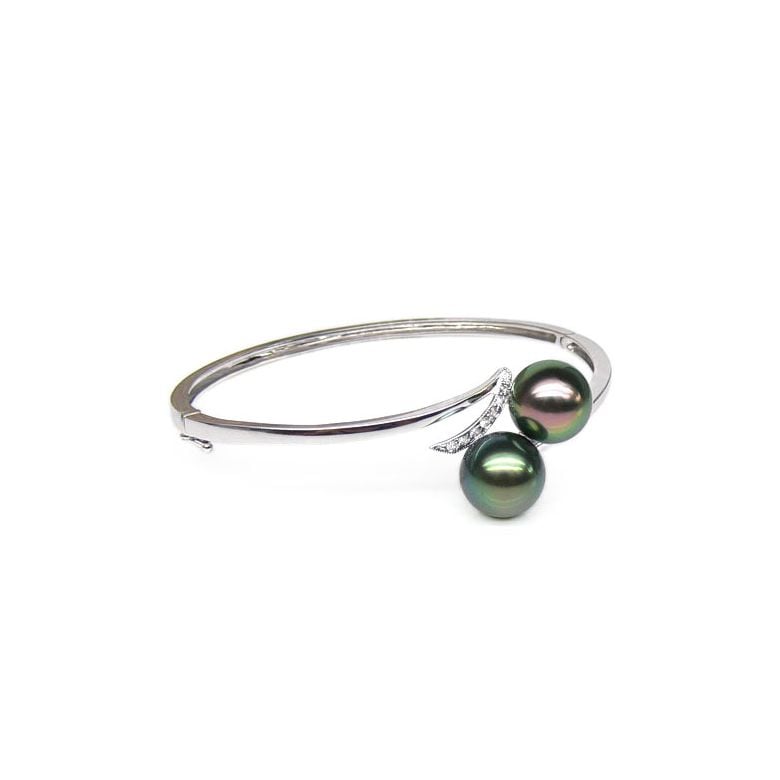 Bracelet jonc or blanc diamants - Perles Tahiti tons paons aubergines - 1