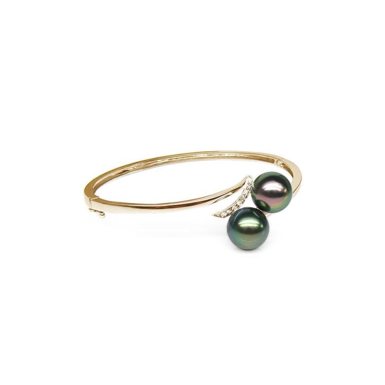 Bracelet jonc rigide or jaune - Diamants pavés - 2 perles de Tahiti - 1