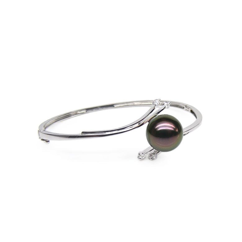 Bracelet jonc original - Perle de Tahiti noire - Or blanc, diamants - 1