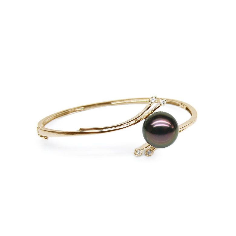 Bracelet jonc or jaune - Perle de Tahiti noire - 11/11.5mm, Top GEMME - 1