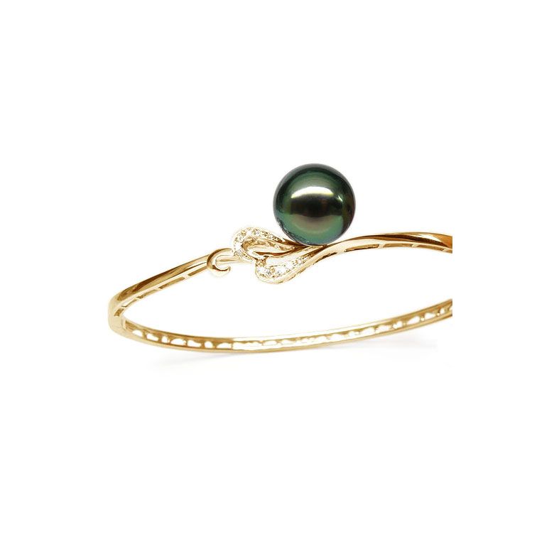 Bracelet jonc - Coeur stylisé - Perle de Tahiti - Or jaune, diamants - 2
