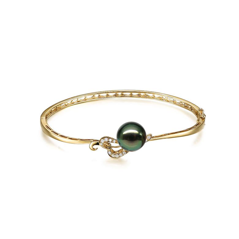 Bracelet jonc - Coeur stylisé - Perle de Tahiti - Or jaune, diamants - 1