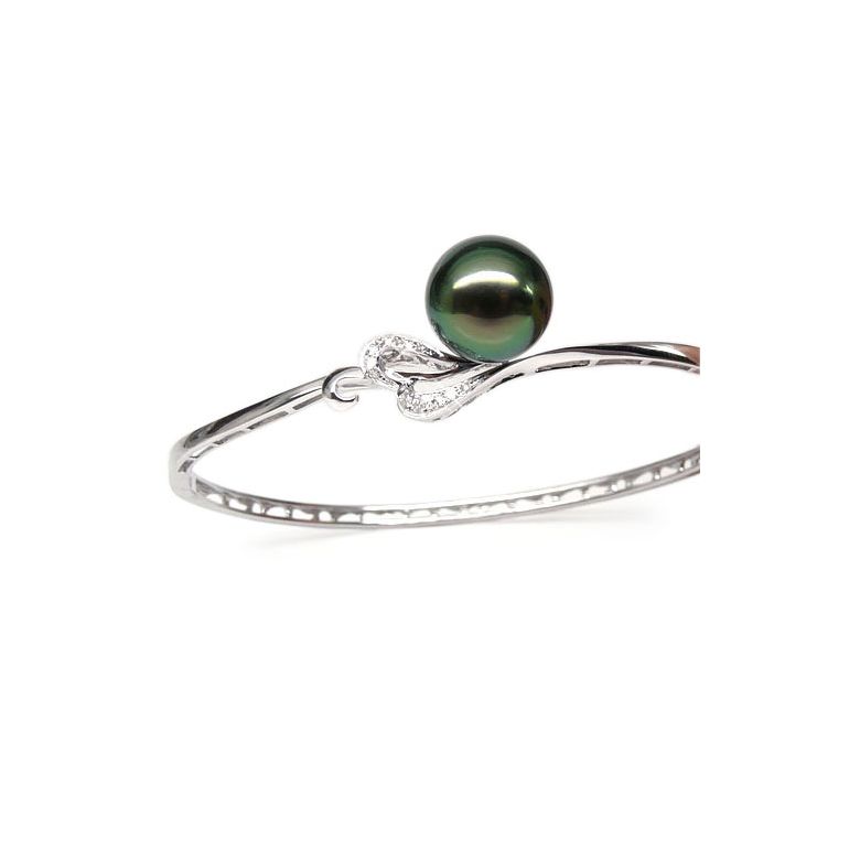 Bracelet jonc - Coeur stylisé - Perle de Tahiti - Or blanc, diamants - 2