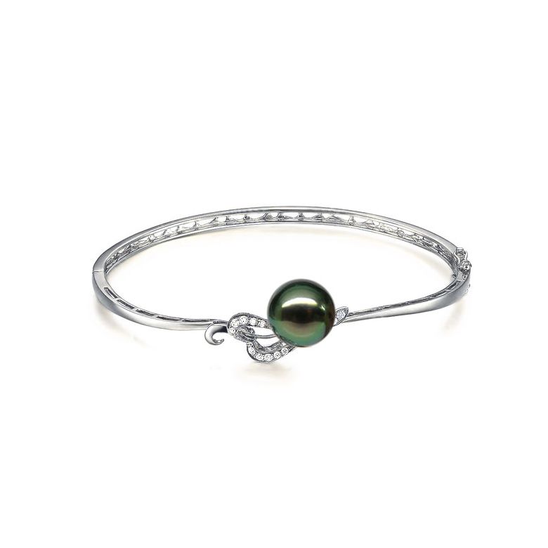 Bracelet jonc - Coeur stylisé - Perle de Tahiti - Or blanc, diamants - 1