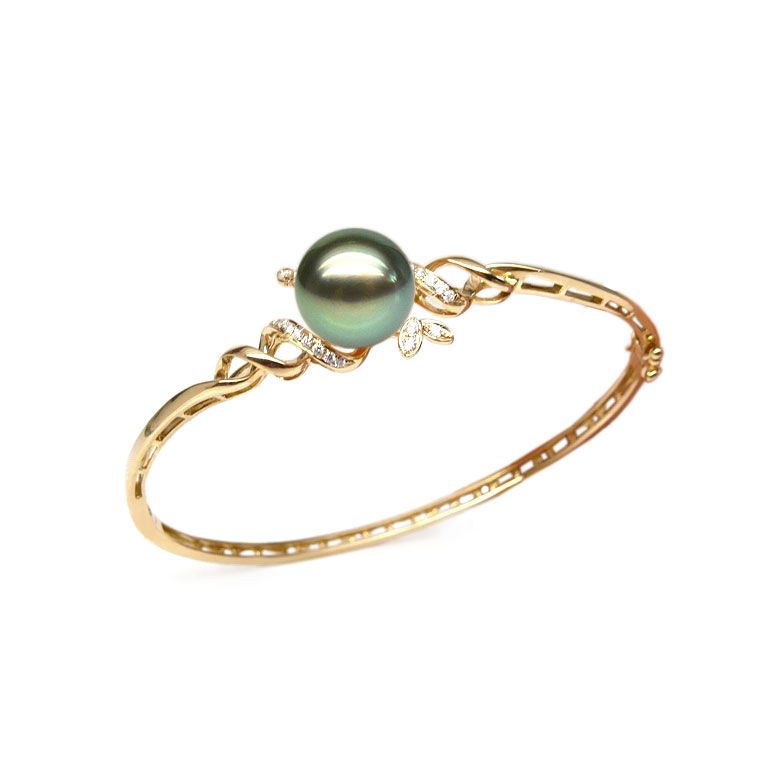 Bracelet jonc - Perle de Tahiti noire - Or jaune, diamants - 1