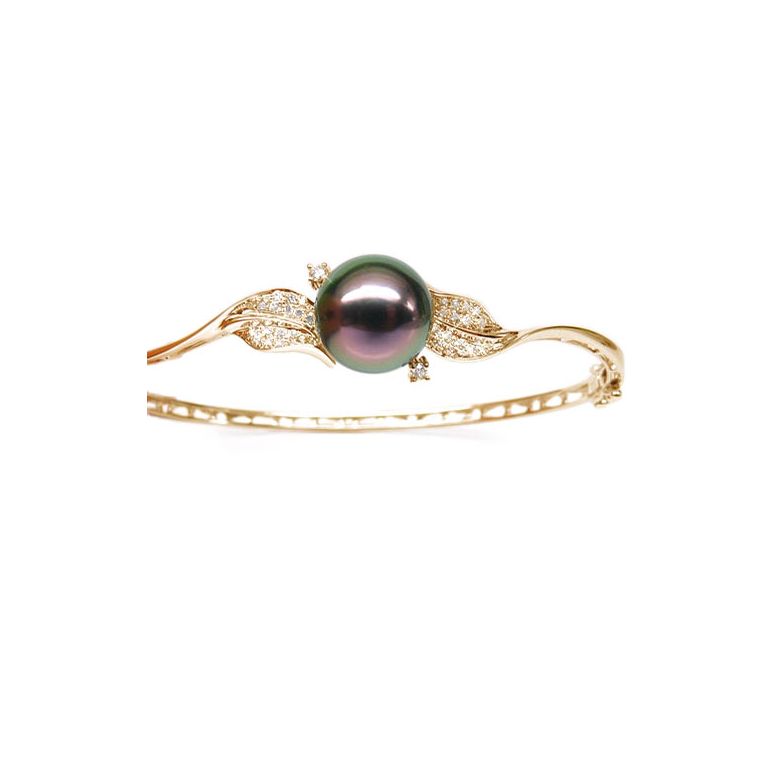 Bracelet jonc - Perle de Tahiti - Pavage feuilles - Or jaune, diamants - 1
