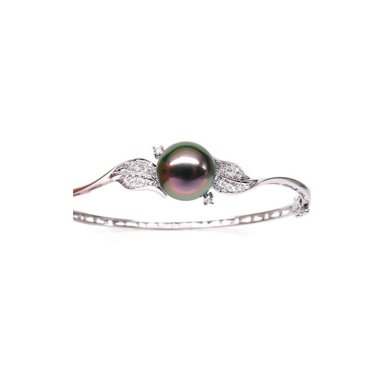 Bracelet jonc - Perle de Tahiti - Pavage feuilles - Or blanc, diamants - 1