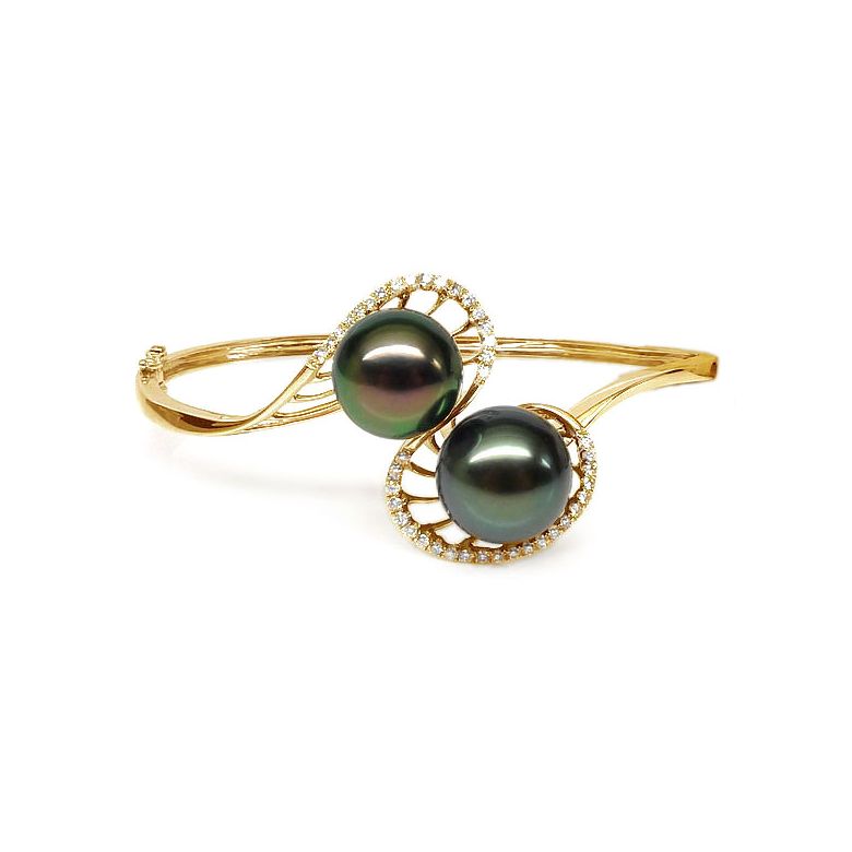 Bracelet perles de Tahiti sur jonc or jaune et diamants - 1