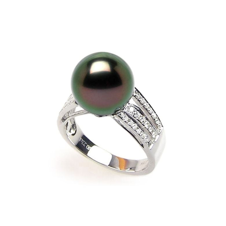Bague perle de Tahiti - Or blanc - Pavage diamants micro sertis - 1