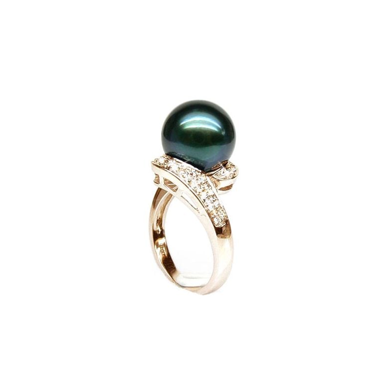 Bague Tuamotu - Perle de Tahiti noire émeraude - Or jaune, diamants - 2