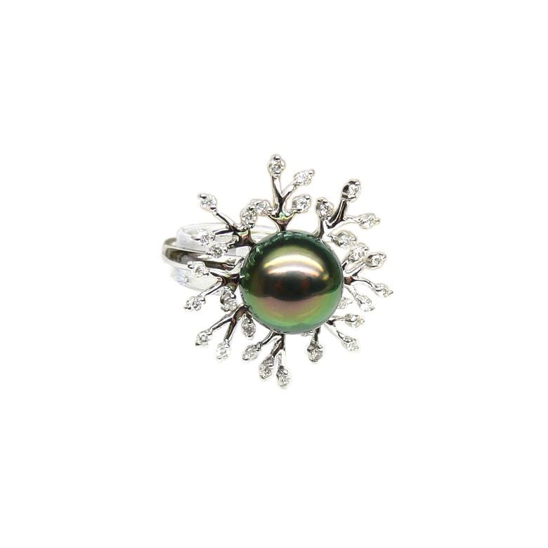 Bague de luxe - Récifs coralliens - Perle de Tahiti, or blanc, diamants - 1