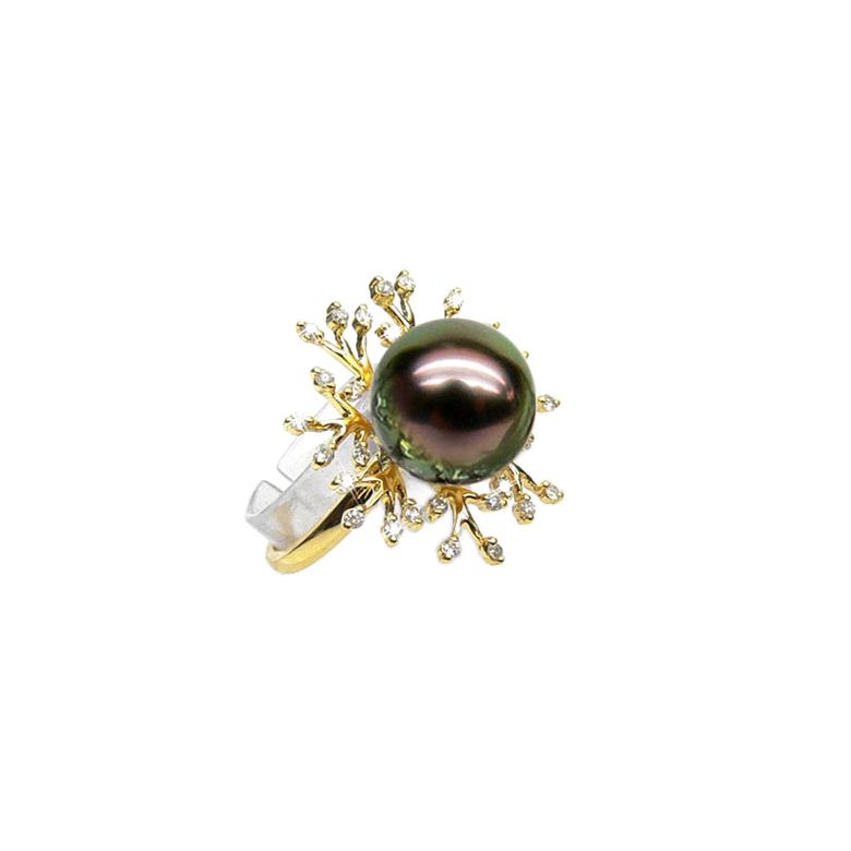 Bague de luxe - Récifs coralliens - Perle de Tahiti, or jaune, diamants - 1