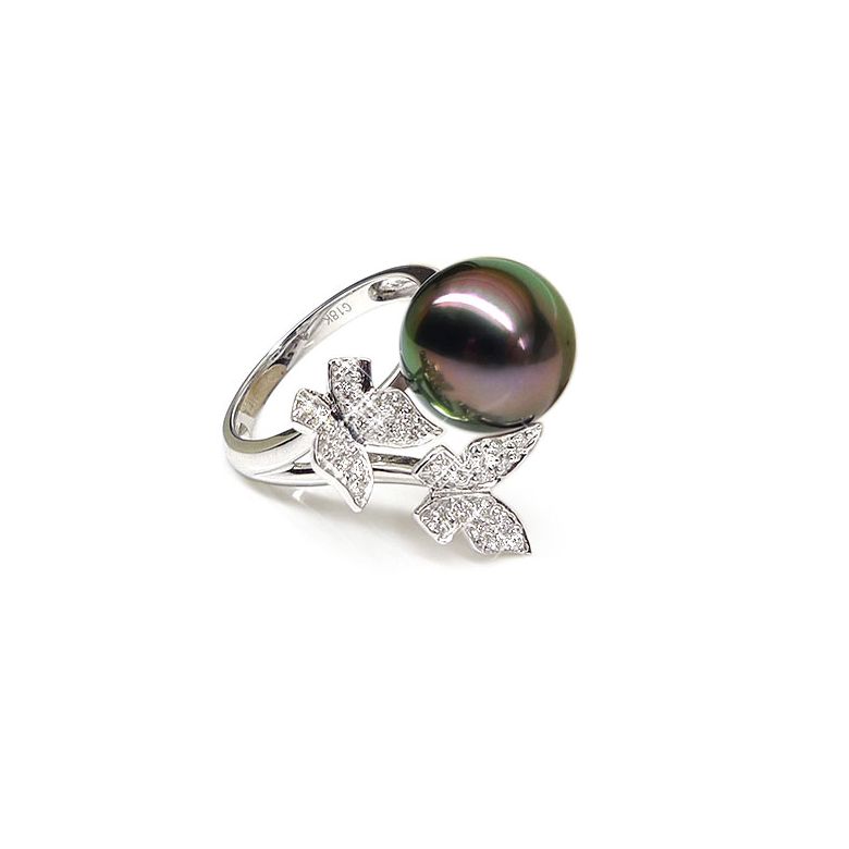 Bague papillons gracieux - Perle de Tahiti - Or blanc, diamants - 1