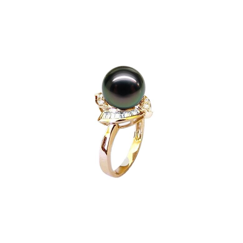 Bague Uracane - Perle de Tahiti - Or jaune, diamants princesses - 2