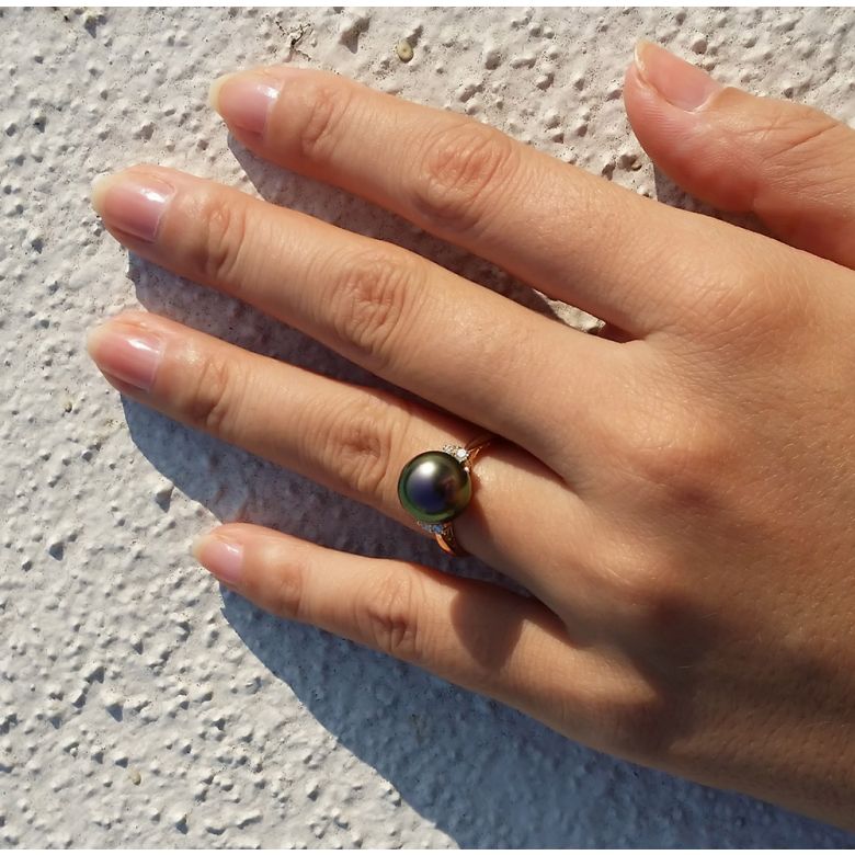 Bague solitaire perle de Tahiti - Or jaune, diamants sertis grains - 3