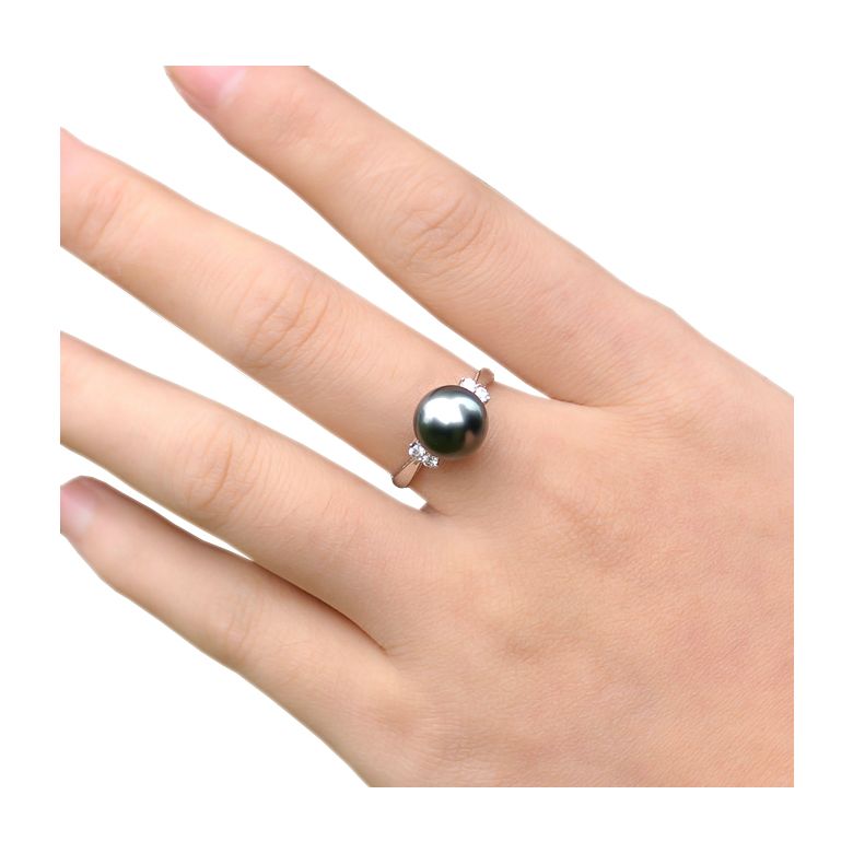 Bague solitaire perle de Tahiti -  Or blanc, diamants sertis grains - 3