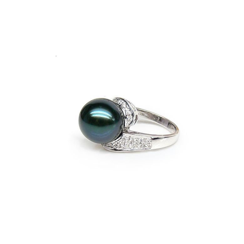 Bague Tuamotu - Perle de Tahiti noire émeraude - Or blanc, diamants - 1