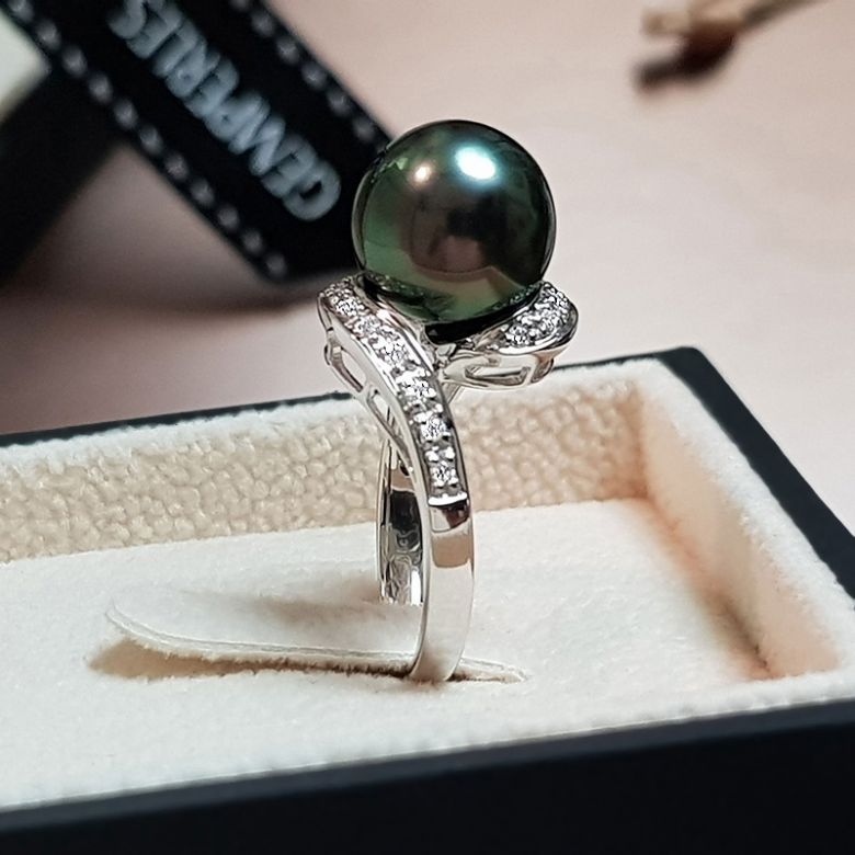 Bague Tuamotu - Perle de Tahiti noire émeraude - Or blanc, diamants - 2