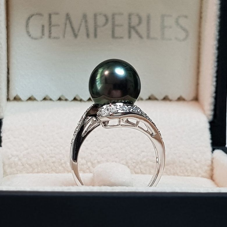 Bague Tuamotu - Perle de Tahiti noire émeraude - Or blanc, diamants - 6
