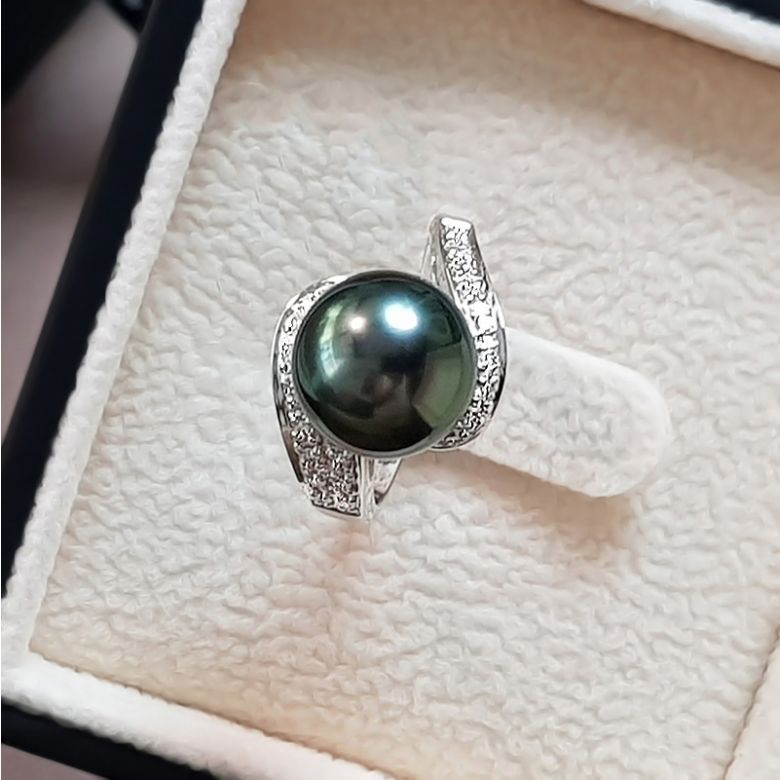 Bague Tuamotu - Perle de Tahiti noire émeraude - Or blanc, diamants - 3