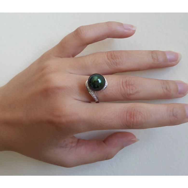 Bague Tuamotu - Perle de Tahiti noire émeraude - Or blanc, diamants - 10