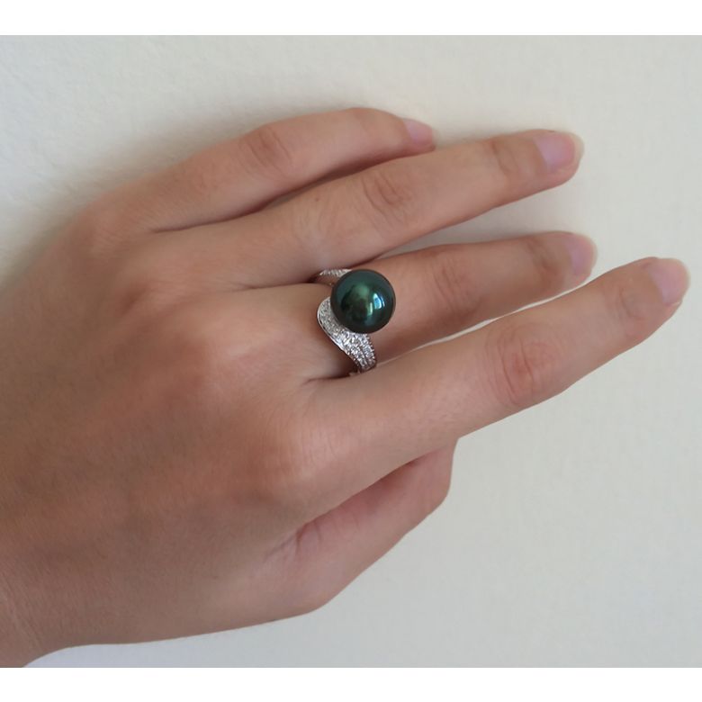Bague Tuamotu - Perle de Tahiti noire émeraude - Or blanc, diamants - 9
