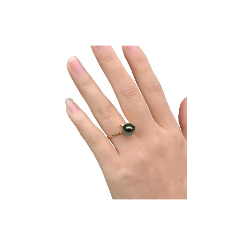 Bague Îles Gambier Perle de Tahiti noire. Or jaune, diamant - 2