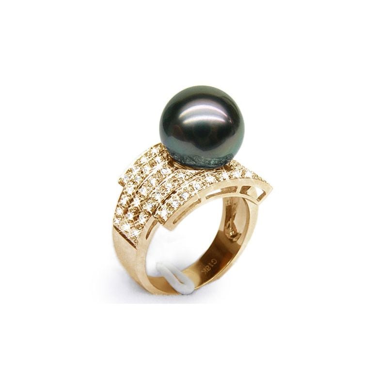 Bague style opulent - Perle Tahiti noire, bronze - Or jaune, diamants - 1