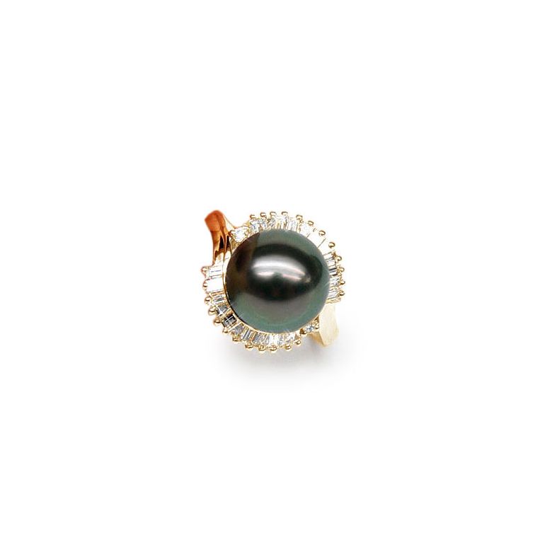 Bague couronne diamantée - Perle de Tahiti, or jaune - 1