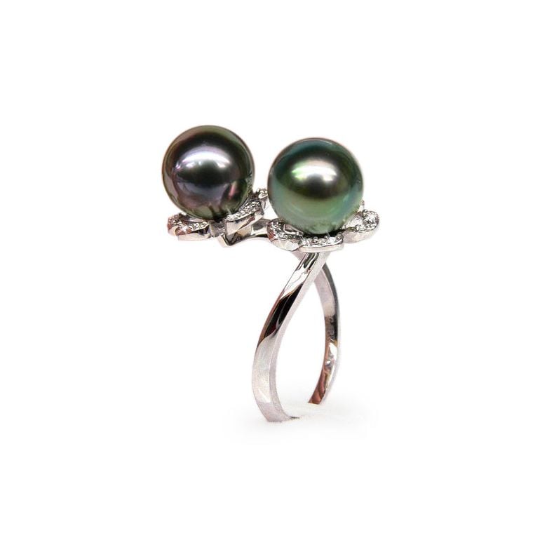 Bague You and Me - Perles Tahiti vertes, aubergines - Or blanc, diamants - 1