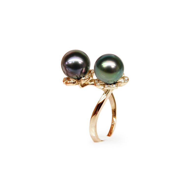 Bague You and Me - Perles Tahiti vertes, aubergines - Or jaune, diamants - 1