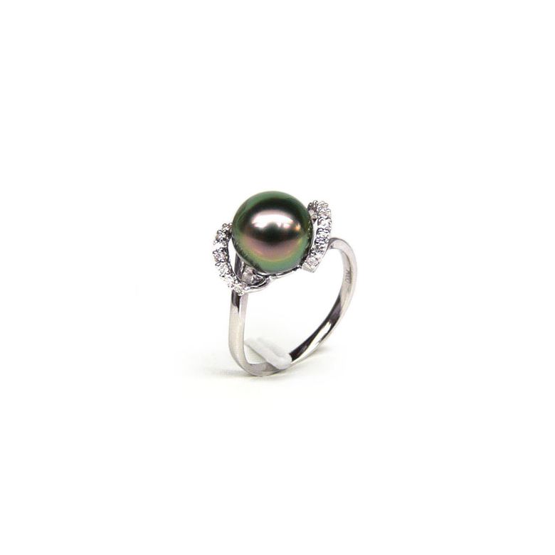 Bague Marion - Perle Tahiti paon aubergine - Or blanc, diamants - 1