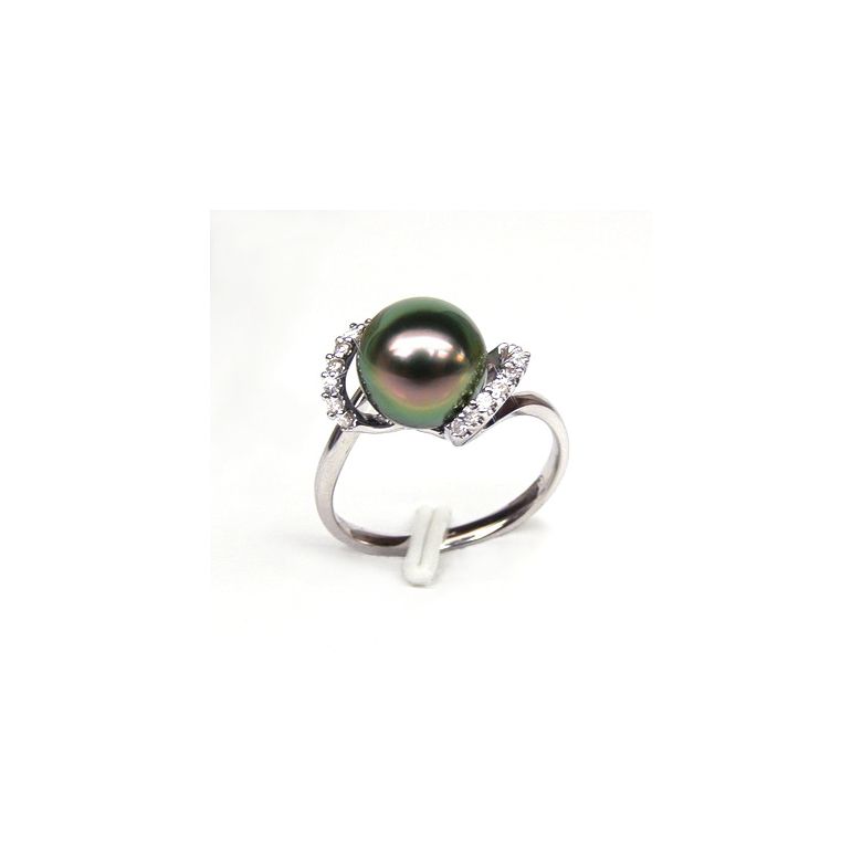 Bague Marion - Perle Tahiti paon aubergine - Or blanc, diamants - 2