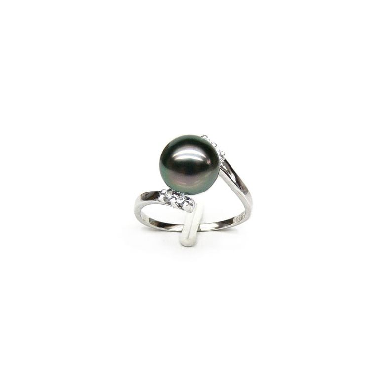 Bague solitaire ondulée - Perle de Tahiti - Or blanc, diamants - 1