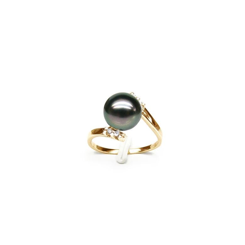 Bague solitaire ondulée - Perle de Tahiti - Or jaune, diamants - 1