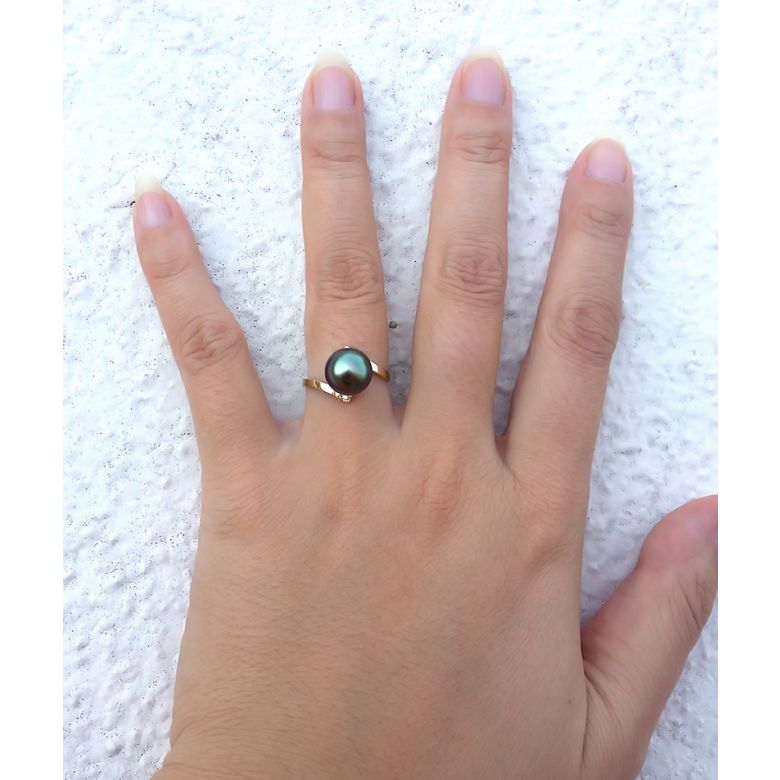 Bague solitaire ondulée - Perle de Tahiti - Or jaune, diamants - 2