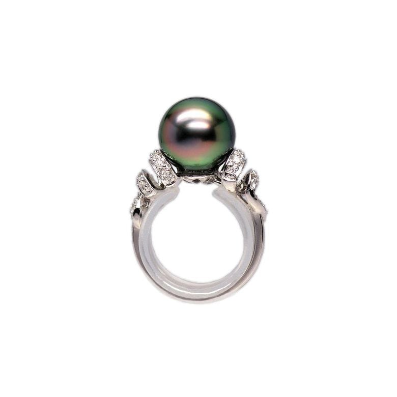 Bague or blanc stylée 2 époques - Perle Tahiti émeraude rosée, Diamants - 1