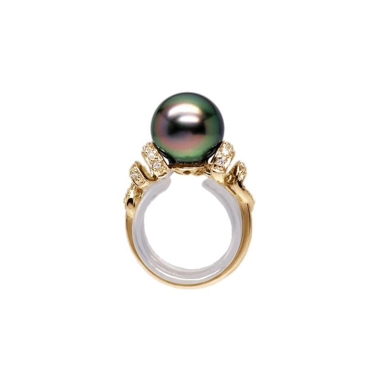 Bague or jaune stylée 2 époques - Perle Tahiti émeraude rosée, Diamants - 1