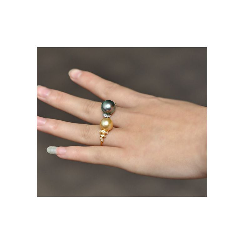 Bague or jaune stylée 2 époques - Perle Tahiti émeraude rosée, Diamants - 4