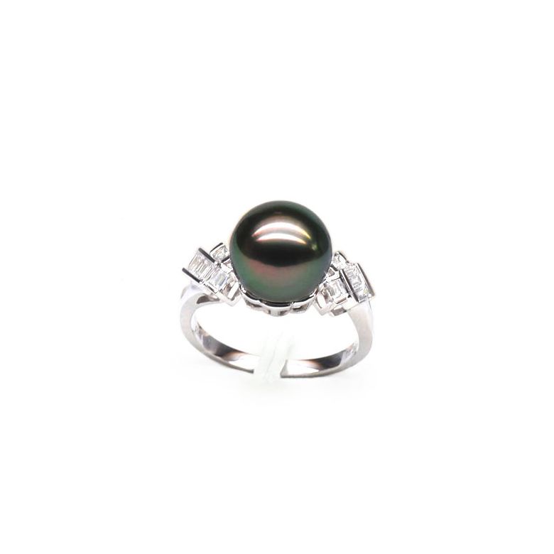 Bague géométrique or blanc - Perle de Tahiti - Diamants princesses - 1