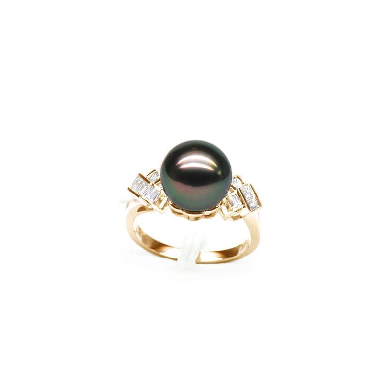 Bague Java Géométrique or jaune - Perle de Tahiti - Diamants princesses - 1