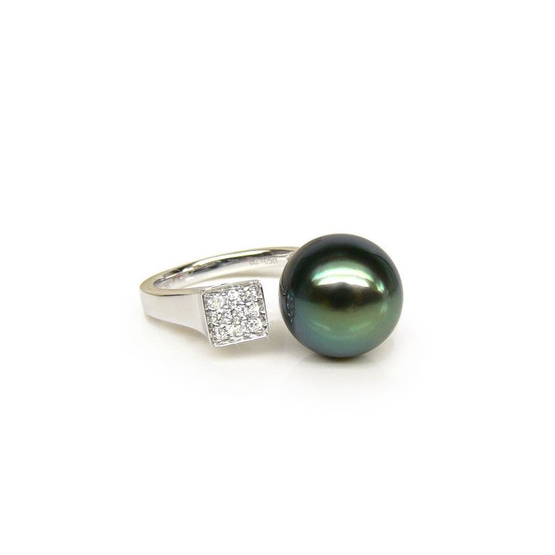 Création bague or blanc - Perle de Tahiti - Pavage diamants - 1