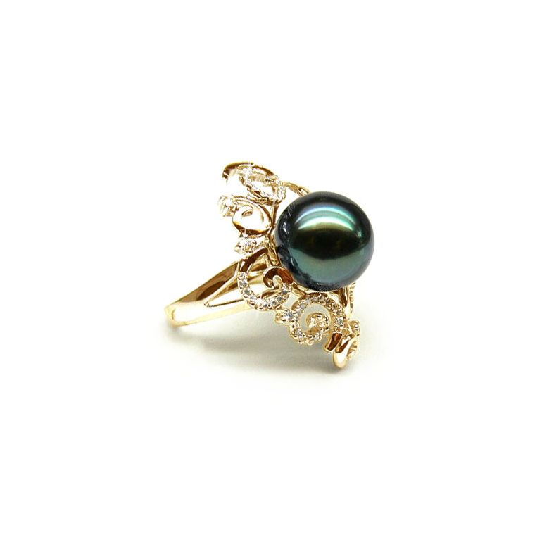 Bague Mindanao - Perle de Tahiti - Or jaune, diamants sertis griffes - 5