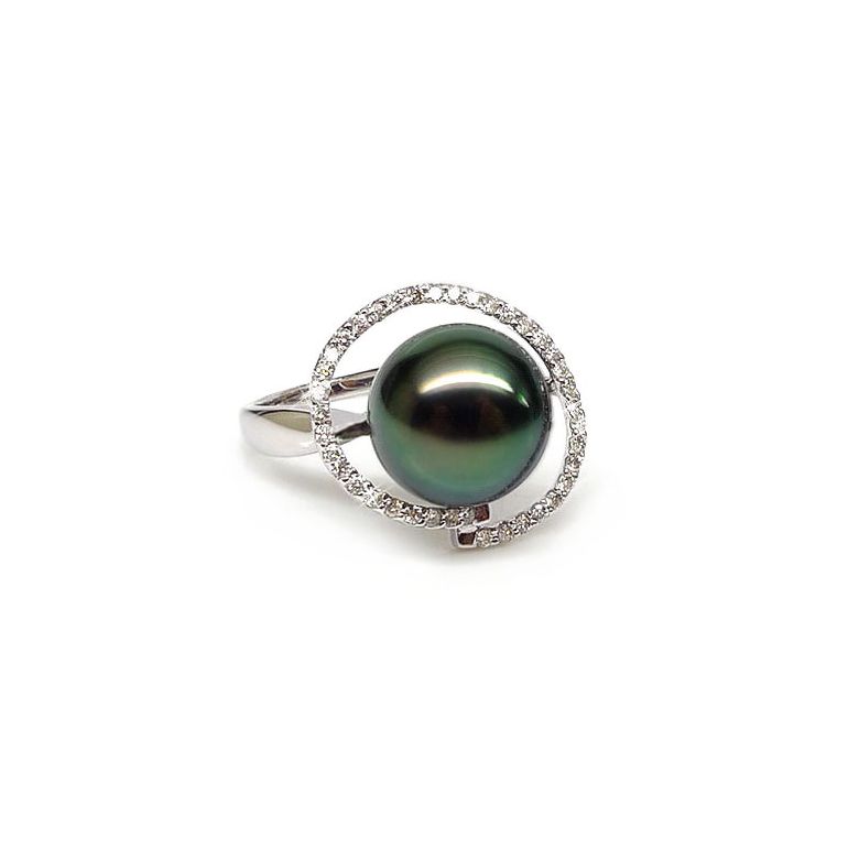 Bague diadème diamanté - Perle de Tahiti verte - Or blanc, diamants - 1