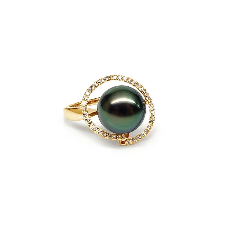Bague diadème diamanté - Perle de Tahiti verte - Or jaune, diamants - 1