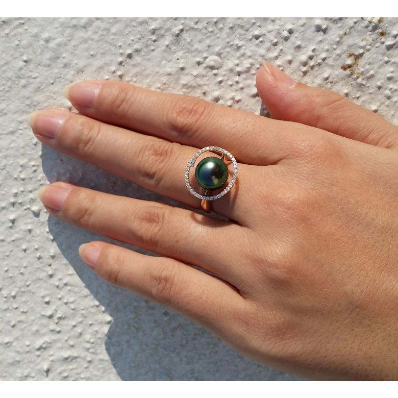 Bague diadème diamanté - Perle de Tahiti verte - Or jaune, diamants - 2