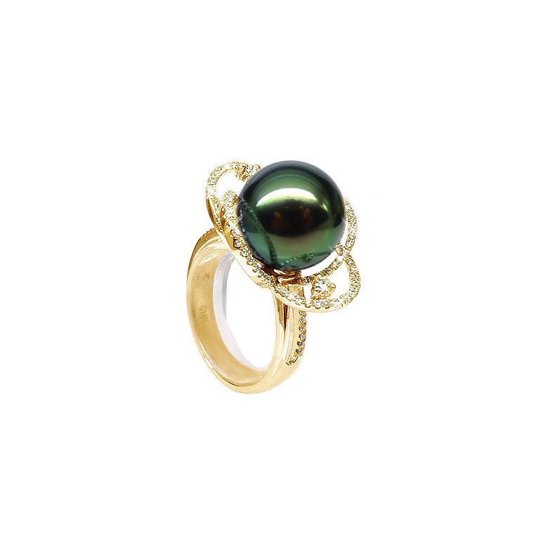 Bague fleur - Un matin de rosé - Perle de Tahiti, or jaune, diamants - 1