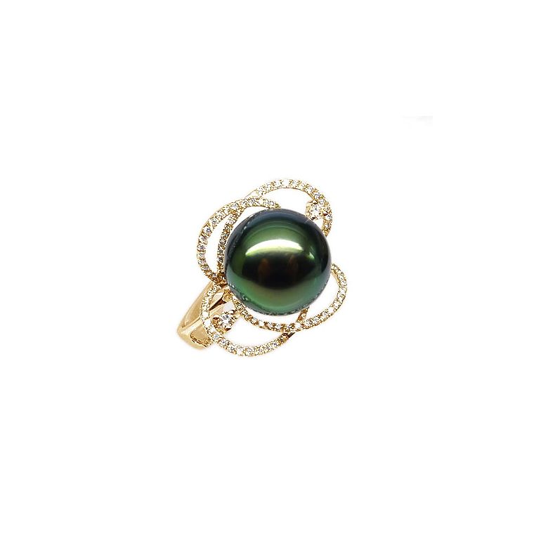 Bague fleur - Un matin de rosé - Perle de Tahiti, or jaune, diamants - 2