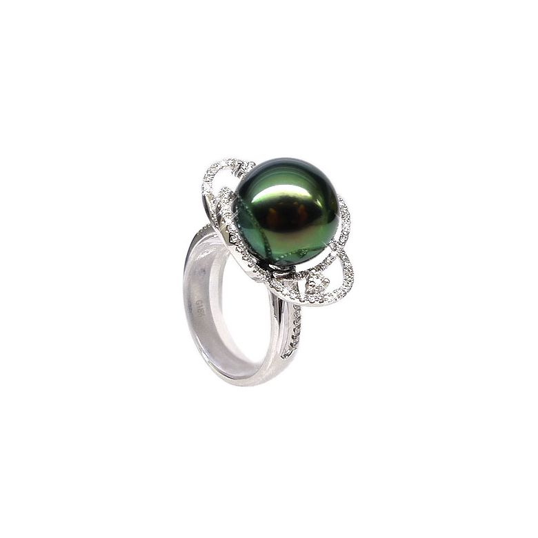 Bague fleur - Un matin de rosé - Perle de Tahiti, or blanc, diamants - 1