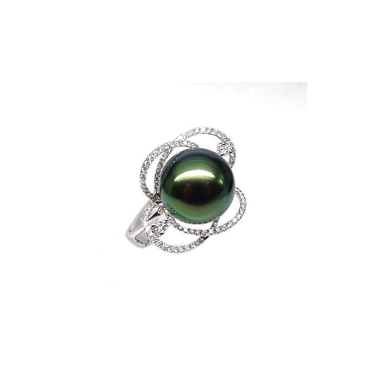 Bague fleur - Un matin de rosé - Perle de Tahiti, or blanc, diamants - 2